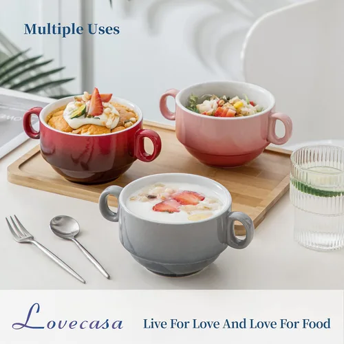 Vista 2 de LOVECASA Cuencos de Sopa Multicolor de 12 OZ con Asas, Cuencos Pequeños de Cerámica para Sopa de Cebolla Francesa, Mini Tazas de Sopa Cuencos