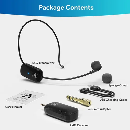 Vista 7 de 1Mii Auriculares de micrófono inalámbrico, micrófono de auriculares inalámbricos 2.4G y micrófono de mano 2 en 1, rango de 165 pies, enchufe de 1/8