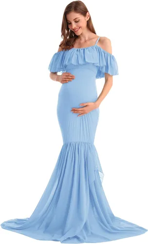 Vista 15 de MYRISAM Vestido de maternidad con volantes y hombros descubiertos para mujer, vestido de fiesta de sirena de gasa, vestido ajustado
