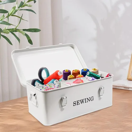 Vista 6 de Caja de costura, caja organizadora de costura de metal, caja de almacenamiento para kit de costura, estuche de suministros de costura con cerraduras