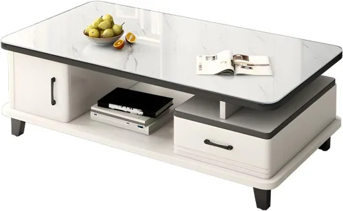 Vista 5 de LAKIQ Mesa de centro rectangular moderna con cajones de almacenamiento, mesa central para sala de estar, mesa central de madera fabricada
