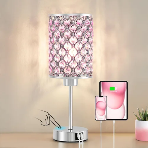 Vista 16 de Lámpara de mesa de cristal, lámpara táctil púrpura con puerto USB C+A Púrpura-1