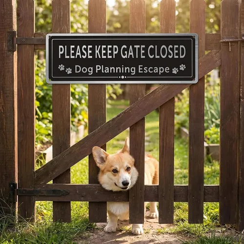 Vista 2 de Paquete de 2 letreros de metal con texto en inglés «Please Keep Gate Closed» (Please Close the Gate Closed), diseño de perro de escape, aluminio