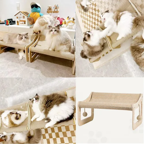 Vista 6 de Sisal - Cama rascador para gatos de interior, hamaca para almohadilla de rascar, silla elevada de sisal 2 en 1 para gatos con 2 bolas de juguetes