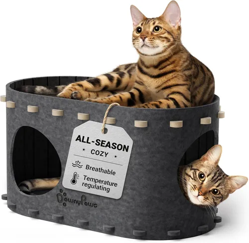 Vista 13 de DownyPaws Casa para gatos de interior, cueva plegable de 2 pisos, cama tipo túnel de fieltro para gatos, cubo, escondite para multicats, resistente
