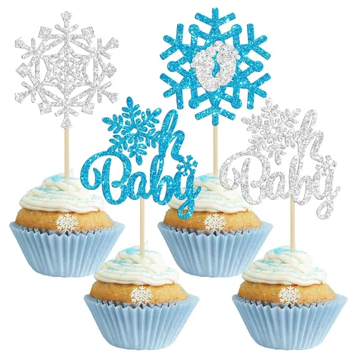 Vista 2 de Gyufise 24 piezas de copos de nieve Oh Baby Cupcake Toppers Glitter Winter Frozen Baby Shower Cupcake Picks para invierno, país de las maravillas