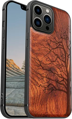 Vista 22 de Carveit Funda magnética de madera para iPhone 13 [madera real dura y TPU suave] Funda protectora híbrida de madera única y elegante a prueba