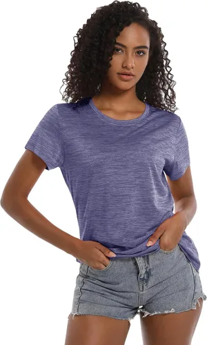 Vista 5 de MAGCOMSEN Camisetas de entrenamiento para mujer, cuello redondo, manga corta, ligeras, suaves, para deportes, fitness, ejercicio, yoga