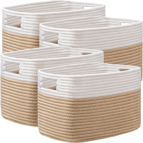 Vista 21 de Paquete de 4 cestas de almacenamiento para organizar, cestas tejidas para estantes, color beige