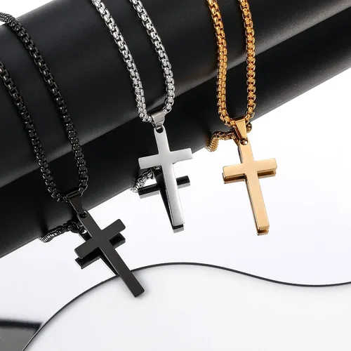 Vista 9 de LUXEJEW Collar de cruz de acero inoxidable para hombres y niños, cadena de eslabones cubanos de plata dorada y negra, cadena de cadena con colgante