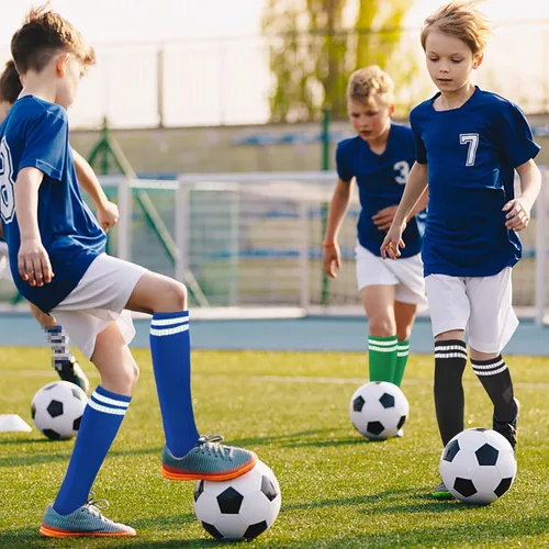 Vista 5 de 6 pares de calcetines de fútbol para niños y jóvenes a rayas sólidas hasta la rodilla, calcetines deportivos de fútbol para niños y niñas de 6 a 12