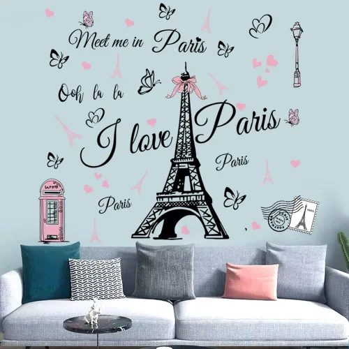 Vista 3 de Pegatinas de pared de la Torre Eiffel de París, calcomanía para dormitorio, sala de estar, fondo de sofá, decoración de pared de TV, decoración