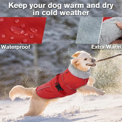 Vista 2 de Lelepet Abrigo cálido para perros – Chaleco reflectante impermeable de vellón con hebilla ajustable de gancho y bucle, chaqueta de invierno Rojo