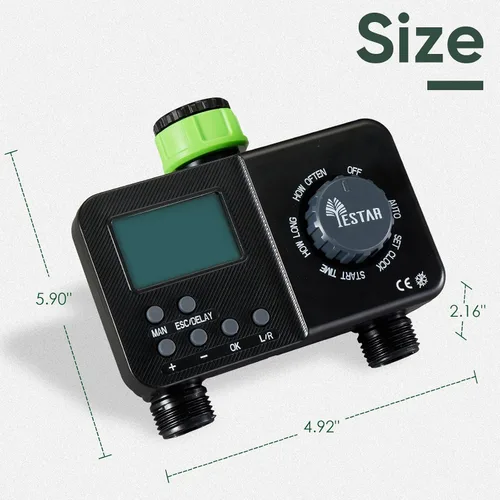 Vista 2 de Temporizador de rociador para manguera de jardín, temporizador de agua de 2 zonas, sistema de riego automático, duración de riego es de 1 min-6 h