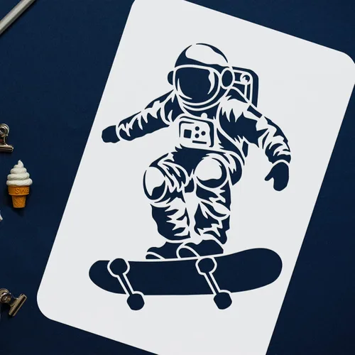 Vista 3 de FINGERINSPIRE Plantilla de pintura de astronauta en monopatín de 8.3 x 11.7 pulgadas, plantilla de dibujo de astronauta en monopatín, plantilla