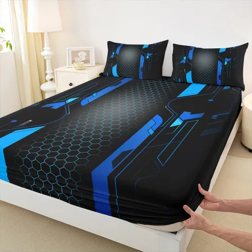 Vista 10 de Manfei Sábana bajera ajustable de panal rojo, tamaño matrimonial, juego de ropa de cama hexagonal geométrica de 3 piezas para decoración de Multi 07