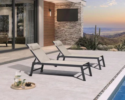 Vista 3 de PURPLE LEAF Juego de sillas de lounge al aire libre de gran tamaño de 3 piezas para patio, tumbona para piscina, estructura de aluminio con mesa
