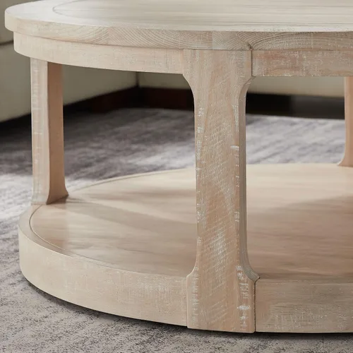 Vista 8 de Mesa de centro redonda de madera de 40 pulgadas, mesas circulares con ruedas para sala de estar, estilo rústico retro moderno de 2 niveles, mesas