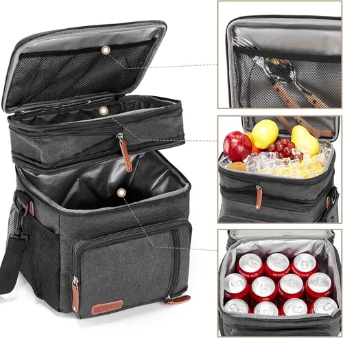 Vista 4 de Bolsa de almuerzo con compartimento doble/para mujer, con aislamiento para el almuerzo, 2 espaciosas, grandes, reutilizables, resistentes al agua