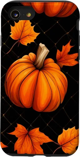 Vista 13 de iPhone 14 calabazas negro y naranja cuadros otoño hojas otoño Halloween caso