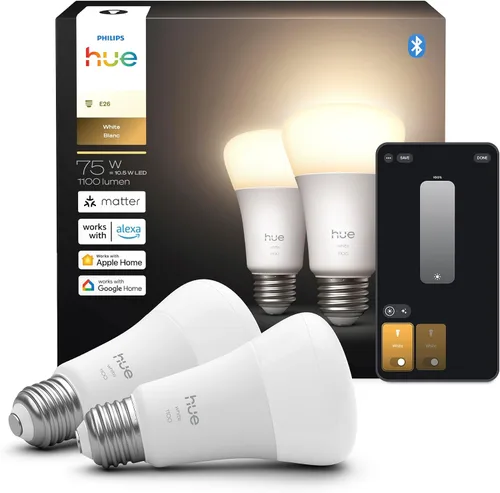 Vista 9 de Philips Hue Bombilla LED inteligente A19, luz blanca cálida de 2700 K, base E26, 10.5 W, 1100 lúmenes, regulable, funciona con Alexa, Google