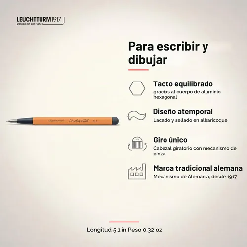 Vista 2 de LEUCHTTURM1917 - Lápiz mecánico Drehgriffel - Lápiz de escritura recargable con plomo de grafito HB de 0.7 mm (albaricoque)