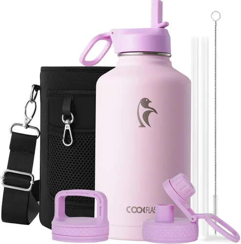Vista 98 de Coolflask Botella de agua de 20 onzas aislada con pajilla, 3 tapas de metal de acero inoxidable, botella de agua de boca ancha para deportes u