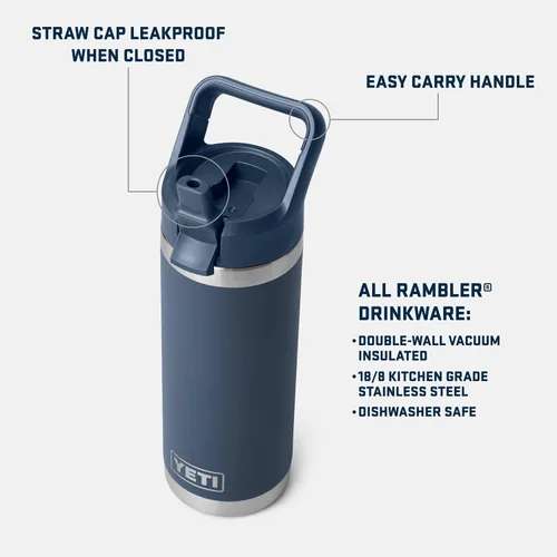 Vista 2 de YETI Rambler Botella de 18 onzas, aislada al vacío, de acero inoxidable con tapa de popote a juego de colores, rojo rescate