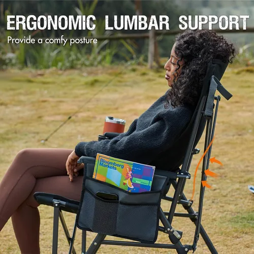 Vista 8 de Portal Silla de camping con soporte lumbar para adultos, plegable, portátil, respaldo alto, de gran tamaño, 400 libras