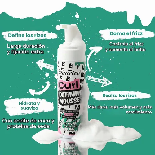 Vista 4 de immetee Mousse de pelo rizado, aceite de coco y proteína de seda para el control del encrespamiento, espuma de peinado extra para el bloqueo