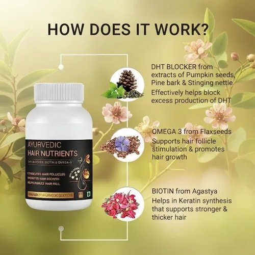 Vista 5 de Generic DHT Blocker - Vitaminas ayurvédicas para el cabello, sin gluten a base de plantas, biotina, omega-3 y semillas de lino, controla la caída