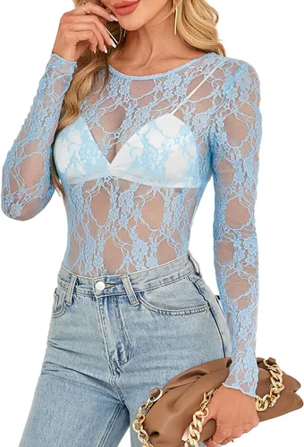 Vista 21 de OFEEFAN - Blusas de malla para mujer con manga larga y encaje, camisetas de cuello redondo ajustadas y transparentes Champán