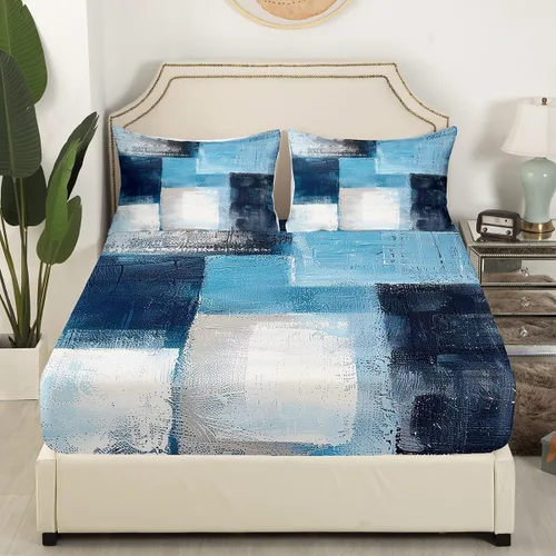 Vista 3 de Erosebridal Juego de sábanas de color negro con diseño de grunge azul, juego de sábanas abstractas de acuarela degradada, tamaño individual, teñido