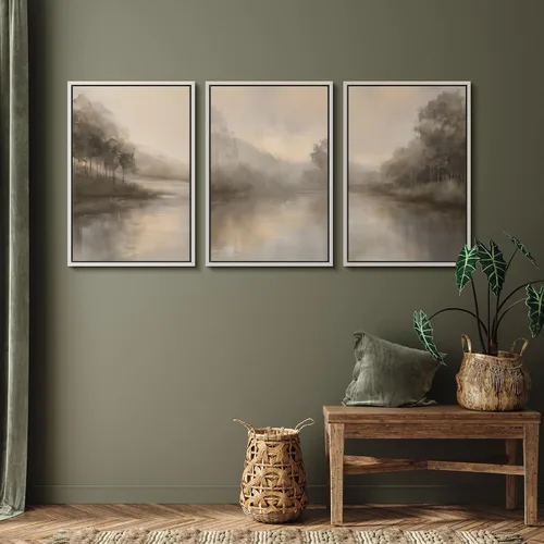 Vista 428 de SIGNFORD - Set de obras de arte en lienzo enmarcado para pared, ilustraciones abstractas de neblina del desierto en tonos neutros beige y marrón