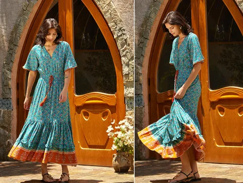 Vista 6 de R.Vivimos Vestido por debajo de la rodilla, para mujer, manga corta, de algodón, con cuello en V, diseño floral y estilo informalbohemio