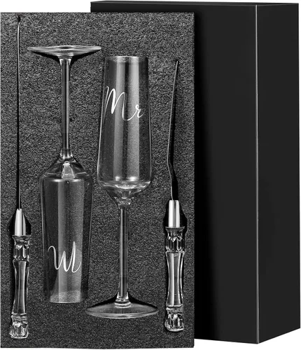 Vista 2 de Boao Juego de 4 Copas de Brindis de Boda y Servidor de Pastel, Suministros para Recepción de Boda, Copas de Champán, Cuchillo para Pastel, Servidor