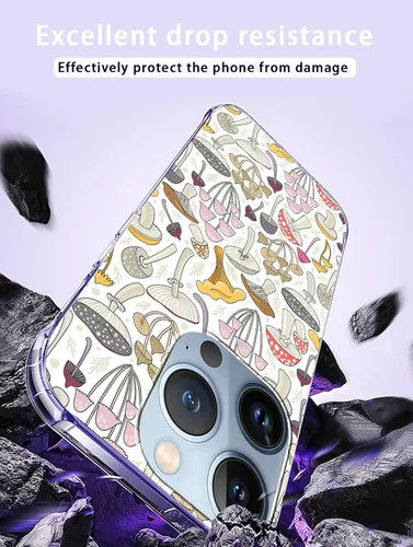 Vista 5 de Funda transparente compatible con iPhone 14 Pro Max, diseño de hongos, TPU suave, a prueba de golpes, antiarañazos, transparente, diseñada