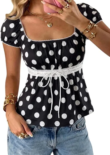 Vista 15 de SOLY HUX Blusa de verano de manga corta para mujer Blanco sólido
