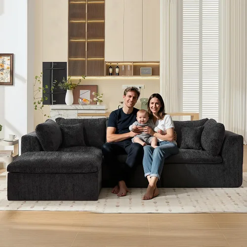 Vista 8 de STHOUYN Sofás Seccionales Modernos Negros de 114" sin Estructura para Sala de Estar, Sofá Nube Modular Negro en Forma de L con Otomana, Cómodo Sofá