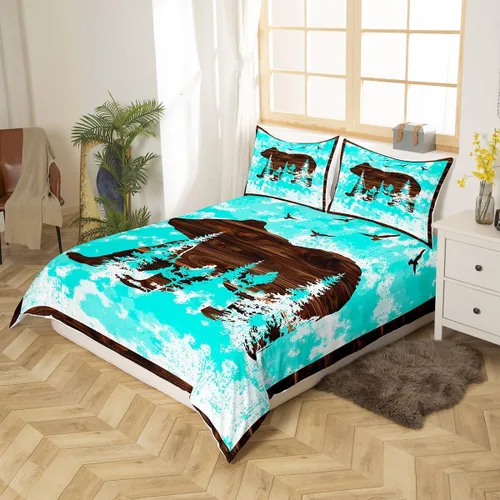 Vista 3 de Juego de funda de edredón de oso para niños, juego de ropa de cama de animales salvajes para niños, naturaleza, vida silvestre, oso, pájaro, juego