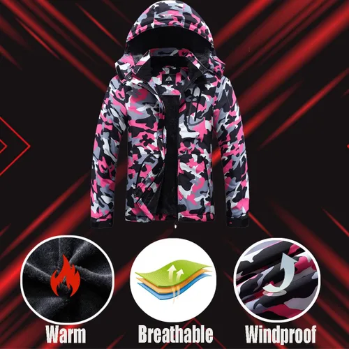 Vista 5 de Chaqueta de esquí impermeable para mujer, resistente al viento, cortavientos, abrigo de nieve cálido con capucha