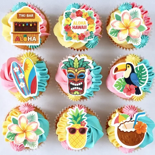 Vista 3 de Ercadio Paquete de 24 adornos para tartas de flamencos hawaianos con purpurina rosa, flamencos Luau, decoración hawaiana tropical de verano, Aloha