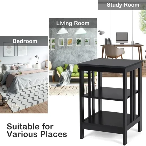Vista 4 de Mesa auxiliar con estante de almacenamiento de 3 niveles para sala de estar, dormitorio, marco de madera estable, fácil montaje (negro, 1 unidad)