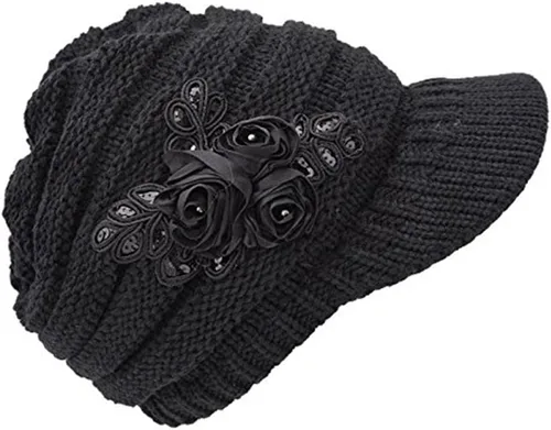 Vista 92 de C-US - Gorro de punto cálido para mujer, con visera de ganchillo con acento de flores