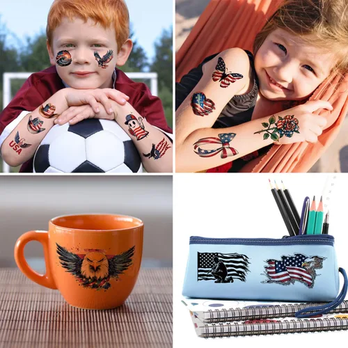 Vista 6 de 77 hojas de tatuajes temporales del 4 de julio para adultos y niños, tatuajes falsos patrióticos del Día de la Independencia de Estados Unidos