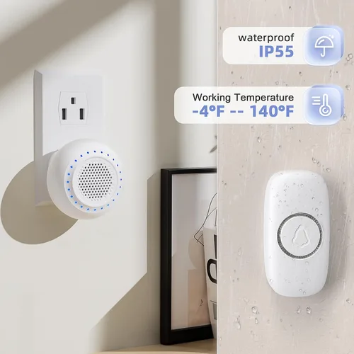 Vista 3 de Timbre inalámbrico, kit de timbre PHYSEN con 1 transmisor, 1 receptor, resistente al agua, funciona a 1000 pies, 32 tonos de timbre, 4 niveles