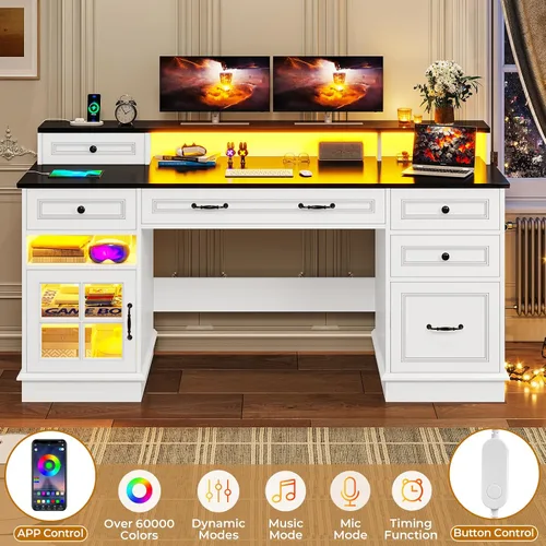 Vista 4 de BTHFST Escritorio ejecutivo con cajón de archivos, escritorio para computadora con soporte para monitor, escritorio de oficina en casa con cajones