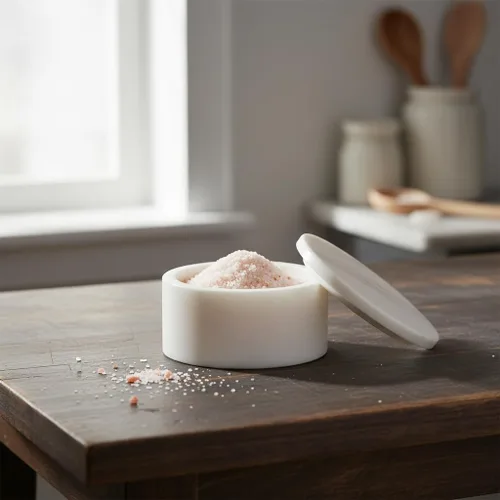 Vista 6 de Queenza Bodega de sal de mármol blanco con tapa, cuenco de sal de mármol hecho a mano de 3 pulgadas, contenedor de sal kosher, recipiente