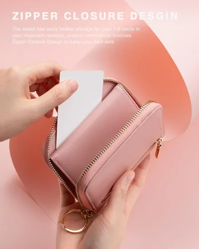 Vista 4 de Vulkitty Cartera pequeña para mujer con bloqueo RFID con cremallera alrededor de la funda triple compacta de cuero para tarjetas con bolsillo