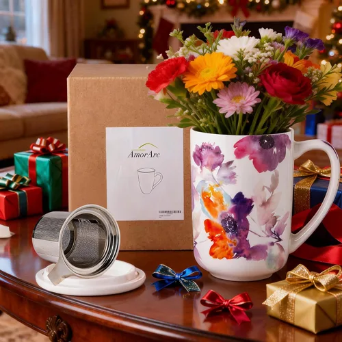 Vista 8 de AmorArc Taza de Té de Porcelana con Infusor y Tapas, Taza Grande de 18 Oz con Colador y Soporte para Bolsa para Té de Hojas Sueltas, Taza de Café